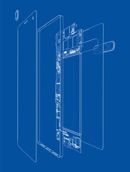 Disassembled smartphone concept outline. 3d illustration. Wire-frame style