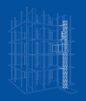 Building under construction with a mast lifts outline. 3d illustration