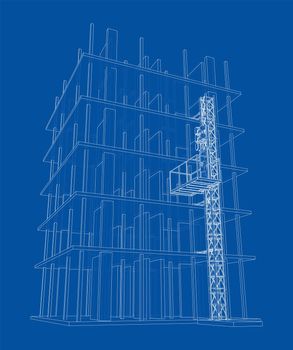 Building under construction with a mast lifts outline. 3d illustration