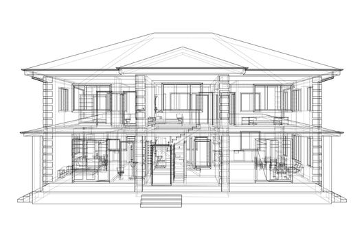 Exterior of the house with visible internal elements. 3d illustration