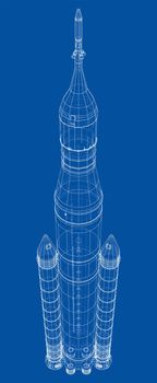 Space rocket concept outline. 3d illustration. Wire-frame style