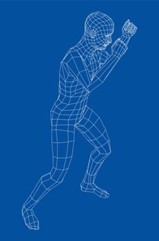 Wireframe boxing man. 3d illustration. Man in boxing pose