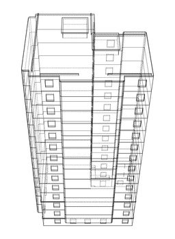 Multi-storey residential building. Construction concept. Drawing or blueprint style. 3d illustration