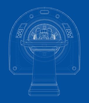 Female Patient Lying on a CT or MRI Scan. Wire-frame style. 3d illustration