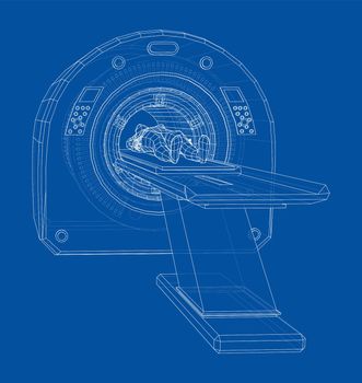 Female Patient Lying on a CT or MRI Scan. Wire-frame style. 3d illustration