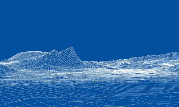 Abstract 3d wire-frame landscape. Blueprint style. 3d illustration. Geology Terrain