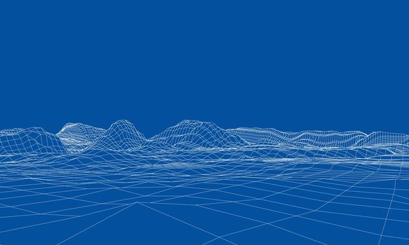 Abstract 3d wire-frame landscape. Blueprint style. 3d illustration. Geology Terrain