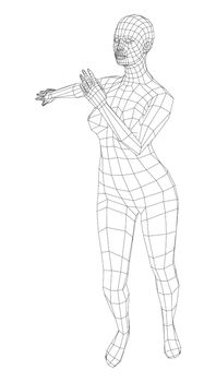 Wireframe ballerina or dancer in dance pose. Female dancing salsa. 3d illustration