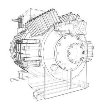 Air conditioning compressor. 3d illustration. Wire-frame style