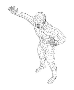 Wireframe jumping man. 3d illustration. Man in jumping pose