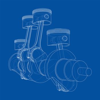 Engine crankshaft with pistons outline. 3d illustration. Wire-frame style