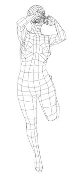 Wireframe girl rested her chin in her hands and lifted her leg. 3d illustration