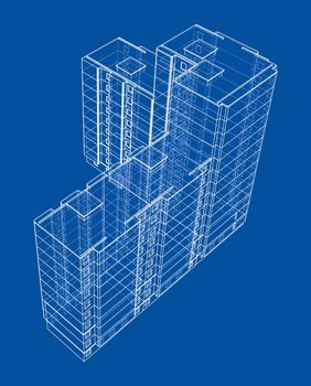 Multi-storey residential building. Construction concept. Drawing or blueprint style. 3d illustration