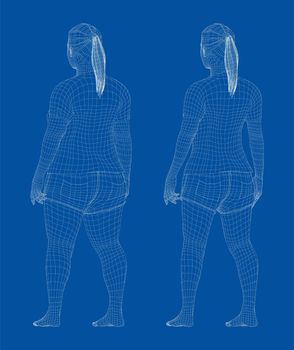 Fat and slim woman, before and after weight loss in sportswear. 3d illustration. Rear view