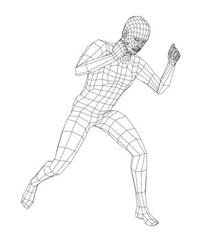 Wireframe boxing man. 3d illustration. Man in boxing pose