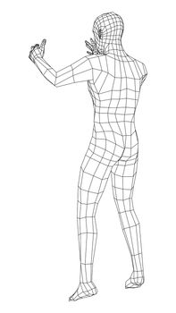 Wireframe jumping man. 3d illustration. Man in jumping pose