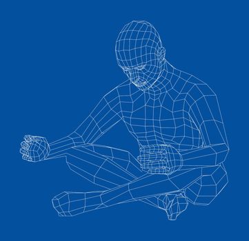 Wireframe 3d man relaxing in lotus position. 3d illustration. Man in lotus pose