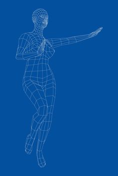 Wireframe ballerina or dancer in dance pose. Female dancing salsa. 3d illustration