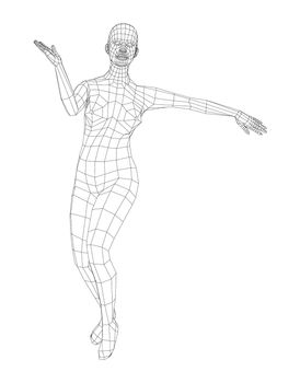 Wireframe ballerina or dancer in dance pose. Female dancing salsa. 3d illustration