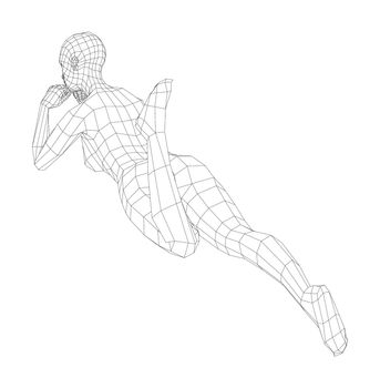 Wireframe girl rested her chin in her hands and lifted her leg. 3d illustration