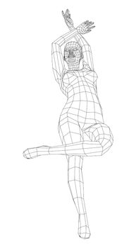 Wireframe ballerina or dancer in dance pose. 3d illustration