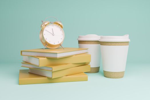 alarm clock on a pile of books and coffee cups next to it. concept of education, back to school and studying. 3d render