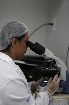 salvador, bahia, brazil - november 5, 2018: technician in laboratory makes analysis of blood under microscope of hospital in Salvador city.