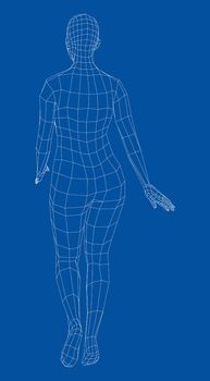 Wireframe walking woman. 3d illustration. Female in walking pose
