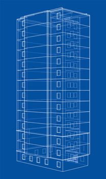 Multi-storey residential building. Construction concept. Drawing or blueprint style. 3d illustration