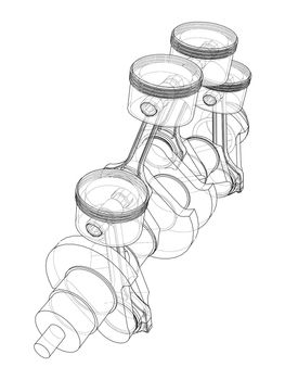 Engine crankshaft with pistons outline. 3d illustration. Wire-frame style