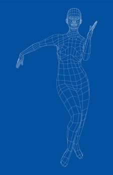 Wireframe ballerina or dancer in dance pose. Female dancing salsa. 3d illustration