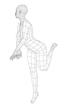 Wireframe girl posing in a sexy pose. Stands on tiptoe, lifted one leg. 3d illustration