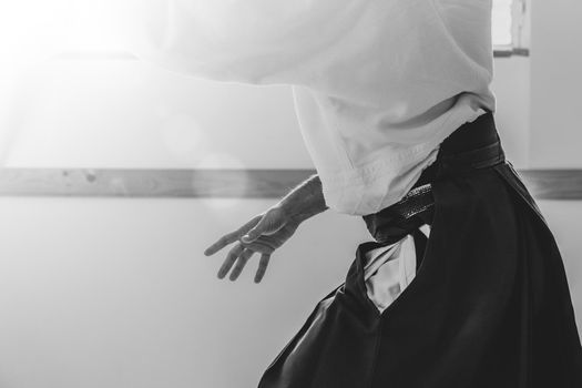 Man practicing aikido martial art in a dojo background with backlight.