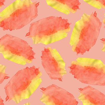 Seamless Pattern with Red and Yellow Watercolor Spots. Hand Drawn Blobs on Red Background.