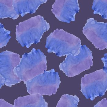 Seamless Pattern with Blue and Violet Watercolor Spots. Hand Drawn Blobs on Gray Background.
