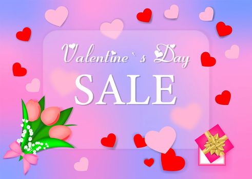 Valentines day sale frame in glassmorphism style tulips gift wrapping Sale discount text for valentine's day shopping promotion with heart elements on trendy background High quality