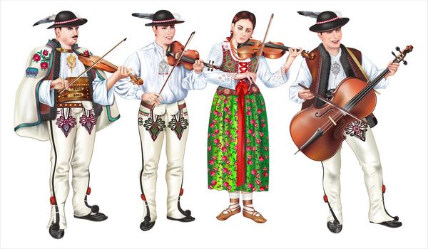 Traditional Zakopane Folk Band of Four in Podhale Costumes Playing Violins. Polish Lesser Poland Highlanders Detailed Illustration Isolated on White.