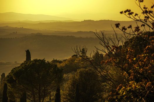 View Of Tuscany Countryside Landscape At Sunset.