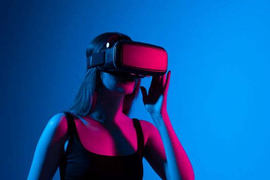 Smile happy woman getting experience using VR headset glasses