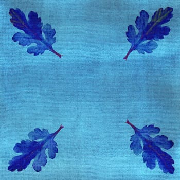 Oak leaves on blue watercolor background. Ornate, card, frame.