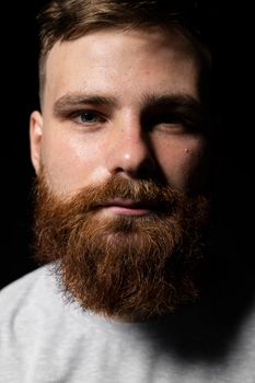 Close-up portrait of a handsome a brunette brutal bearded man in a grey t-shirt. Stylish and handsome man with a beard