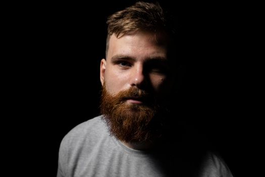 Close-up portrait of a handsome a brunette brutal bearded man in a grey t-shirt. Stylish and handsome man with a beard