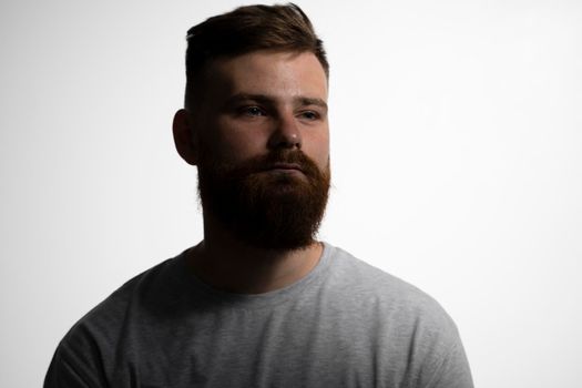 Close-up portrait of a handsome a brunette brutal bearded man in a grey t-shirt. Stylish and handsome man with a beard