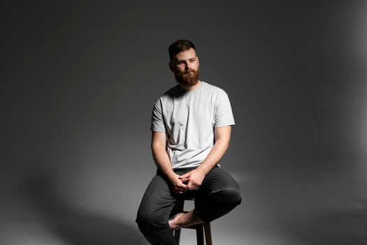 Close-up portrait of a handsome a brunette brutal bearded man in a grey t-shirt. Stylish and handsome man with a beard