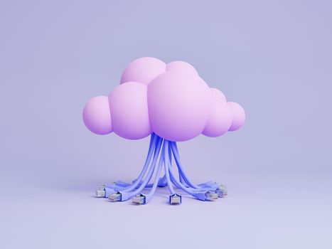 spherical cloud with several ethernet cables falling from it. concept of cloud storage, technology and internet. 3d rendering
