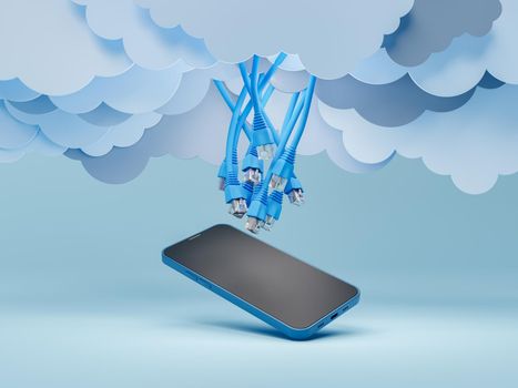 mobile phone with ethernet cables falling from flat clouds. cloud storage concept, technology, security, online and internet. 3d rendering