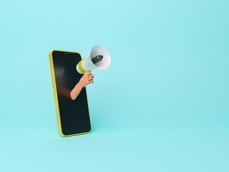 mobile phone with hand coming out of the screen holding a megaphone and space for text. concept of offers, announcements, notifications and protest. 3d rendering