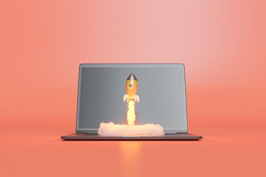 rocket taking off from a laptop keyboard leaving a trail of smoke. concept of startup, speed, internet, boost and technology. 3d rendering