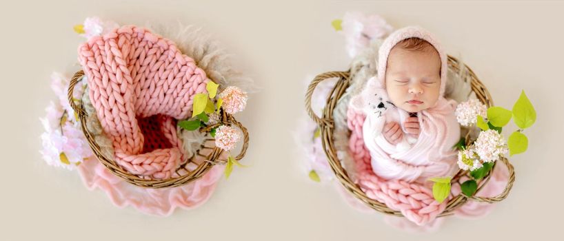 Collage with newborn baby portrait and empty tiny furniture basket fot infant kid photoshoot. Little girl child slleping on soft knitted blanket