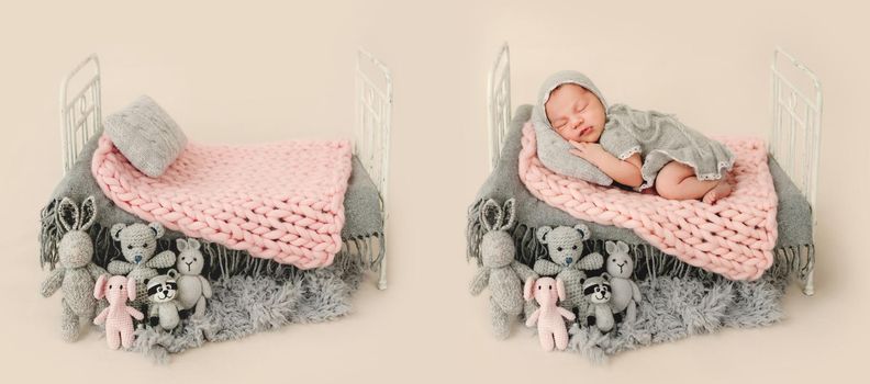 Collage with newborn baby portrait and empty tiny furniture bed fot infant kid photoshoot. Little girl child slleping on soft knitted blanket on her tummy